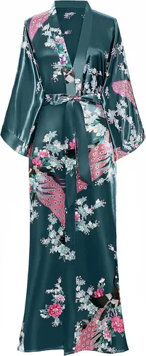 Vista 22 de BABEYOND Bata tipo kimono para mujer, bata larga de satén con estampado de pavo real y flores Verde