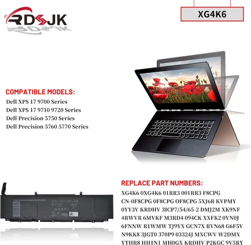 Vista 3 de XG4K6 01RR3 F8CPG 5XJ6R Batería para portátil Dell XPS 17 9700 9710 9720 9730 Precision 5750 5760 5770 XPS 17-9700-D1741S 17-9700-D1761S Serie TS