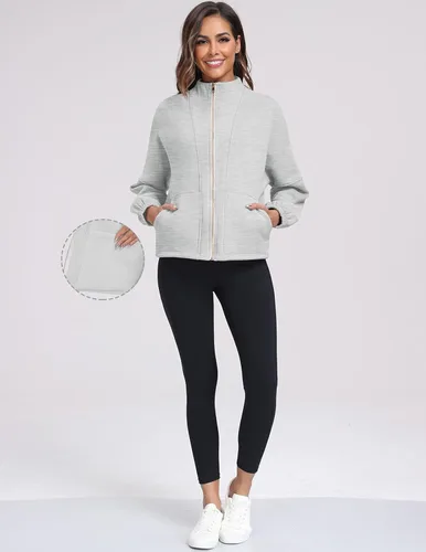 Vista 6 de Sudadera sin capucha para mujer, chaqueta de forro polar con cremallera completa con bolsillos para otoño e invierno 2023 a la moda