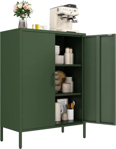 Vista 11 de Gabinete de Almacenamiento de Metal para Baño, Gabinete Aparador Negro con Puertas de Vidrio y Estantes Ajustables, Pequeños Gabinetes de Metal
