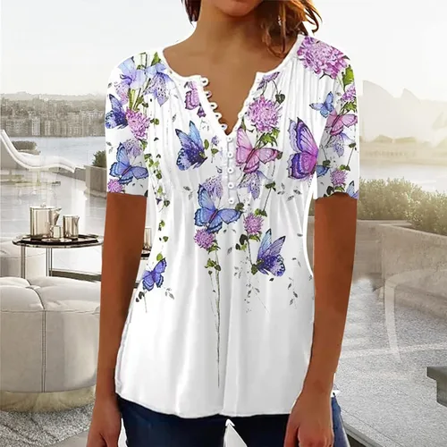 Vista 2 de SMIDOW Womens Tunic Tops Trendy Vintage Boho Shirts Short Sleeve Notch v Neck t-Shirt 2023 Casual Summer Blouse Empire Waist