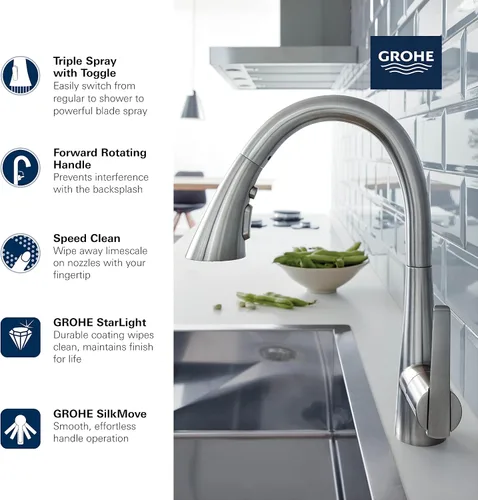 Vista 7 de Grohe 32298003 Zedra Grifo de cocina con triple rociador extraíble de una sola manija en cromo Starlight Cromado