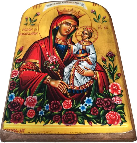 Vista 2 de Icono de madera ortodoxa griega de madera ortodoxa griega hecha a mano de la Virgen María, la rosa unwithering / MP2