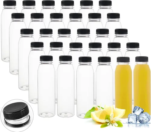 Vista 7 de Paquete de 30 botellas de plástico vacías de 10 onzas con tapas, recipientes transparentes reutilizables para bebidas con tapas negras a prueba