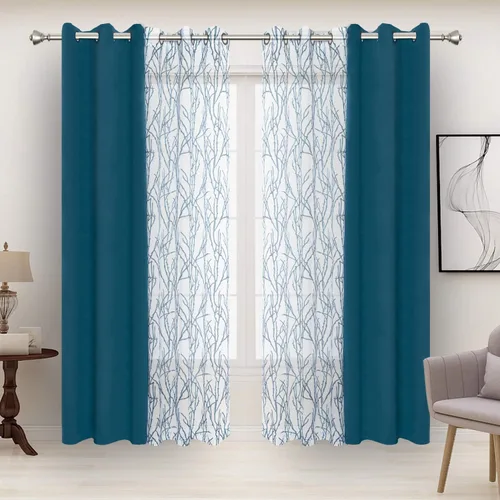 Vista 17 de BONZER Cortinas para Mezclar y Combinar - 2 Piezas de Cortinas Transparentes con Estampado de Ramas y 2 Piezas de Cortinas Opacas para Dormitorio