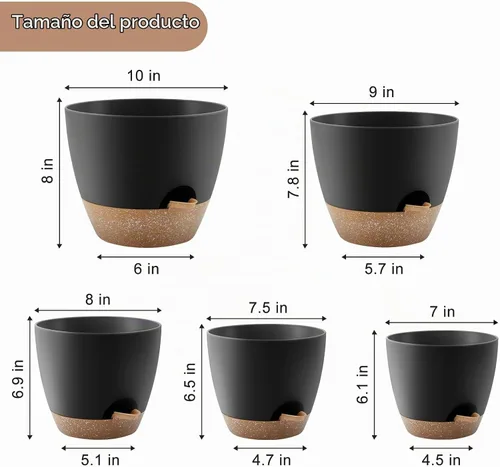 Vista 2 de YNNICO Macetas de 10/9/8/7.5/7 pulgadas, macetas de riego automático con agujeros de drenaje y platillos para plantas de interior y exterior (negro)
