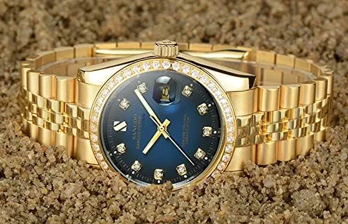 Vista 4 de Relojes de oro para hombre, relojes automáticos para hombre, correa de acero inoxidable, calendario, relojes mecánicos automáticos impermeables