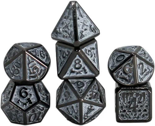 Vista 11 de Juego de dados de metal con escamas de dragón en color negro con caja de exhibición, perfecto para juegos, equilibrio adecuado y distribución