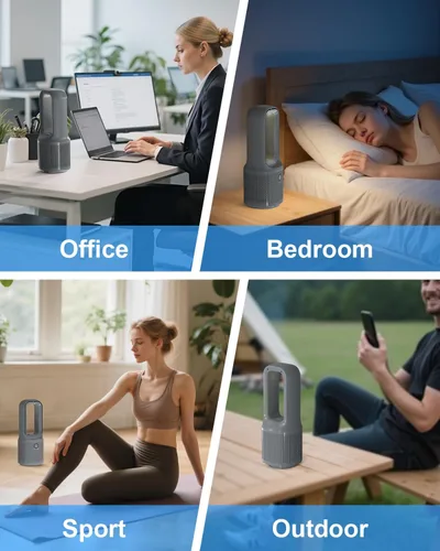 Vista 9 de Ventilador de escritorio sin aspas, ventilador de torre recargable USB de 14 pulgadas con 9 velocidades ajustables, 3 luces, oscilación de 60°