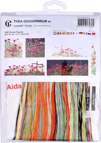 Vista 4 de Thea Gouverneur - Kit de punto de cruz, amapolas naranjas, Aida, 16 unidades, kit de bordado para adultos, hilos de bordado DMC y otros suministros