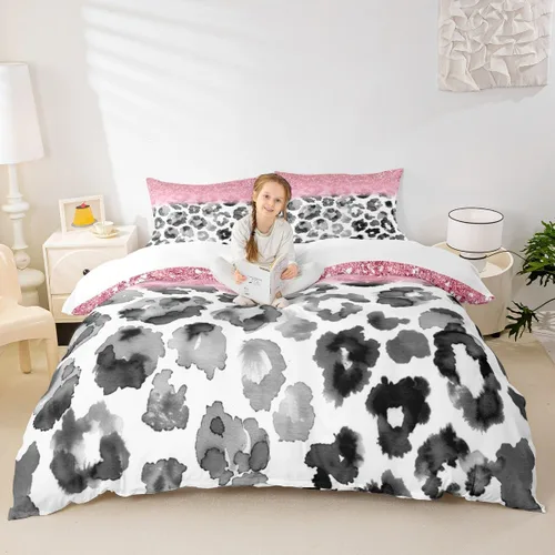 Vista 10 de Juego de funda de edredón para niños, tamaño individual, diseño de cebra y leopardo con purpurina, decoración de habitación para niñas y mujeres