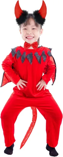 Vista 2 de Skeleteen Juego de accesorios para disfraz de diablo, kit de accesorios de disfraz de demonio, incluye cuernos, corbatín y cola