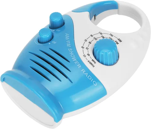 Vista 9 de AM FM Radio portátil tipo gancho portátil Radio música ducha altavoz azul ducha radio funciona con batería analógica radio auricular pequeño