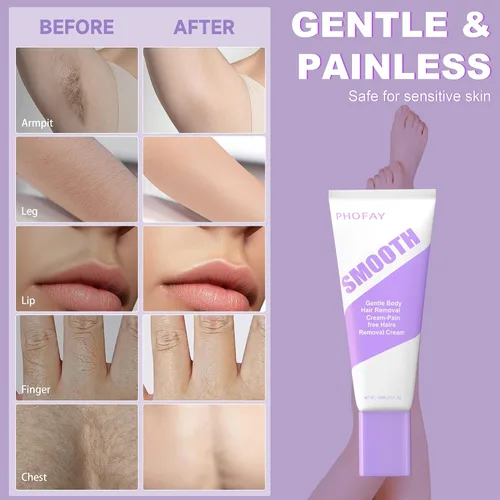 Vista 3 de Crema de depilación PHOFAY para pieles sensibles de hombres y mujeres – Depiladora de acción rápida y suave, recomendada por dermatólogos con aloe