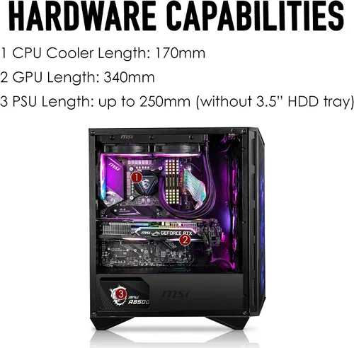 Vista 5 de MSI MPG GUNGNIR 111R Chasis de PC Gaming Mid Tower - Negro, 4 ventiladores ARGB de 120mm, USB 3.2 Gen2x2 Tipo-C, Panel de Vidrio Templado, Filtro