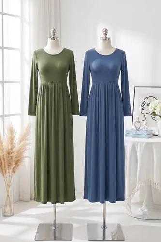 Vista 3 de Vestido de manga larga para mujer, holgado, liso, largo, estilo informal, con bolsillos. 01-verde militar