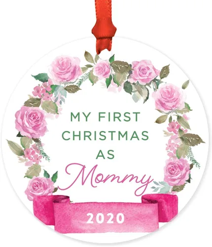 Vista 67 de Andaz Press Adorno de Navidad de madera grabado con láser para aniversario de boda, 1 año juntos, Navidad 2025, pancarta de flores rosas, 1 paquete