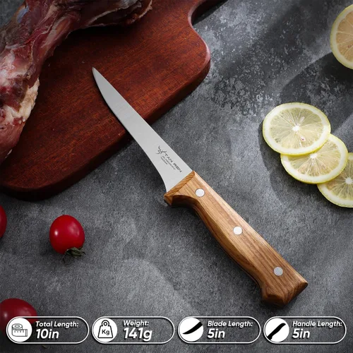 Vista 5 de TAN REN Cuchillo deshuesador de 5" para cortar carne, cuchillo flexible de pechuga Cuchillos pequeños para tallar huesos, cuchillos de filete
