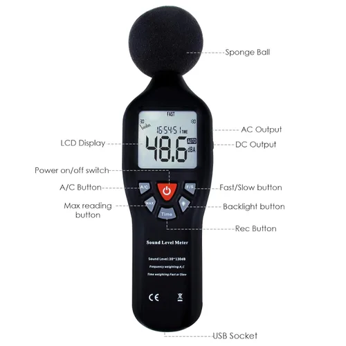 Vista 4 de Instrumento compacto medidor de nivel de sonido profesional con pantalla de retroiluminación Medición de alta precisión 30dB-130dB