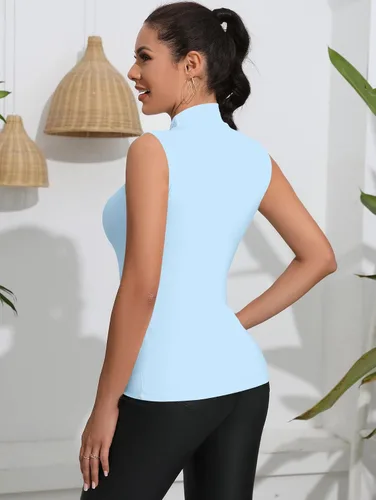 Vista 3 de FOUGEDE Camisetas de manga larga con cuello alto falso para mujer, sin mangas, básicas, ajustadas, elásticas, delgadas