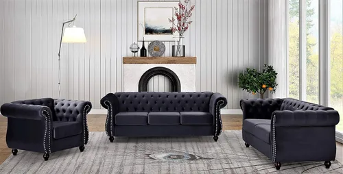 Vista 3 de Container Furniture Direct Feinstein - Sofá Chesterfield de terciopelo moderno para sala de estar con cabezas de clavos, acolchado de diamante