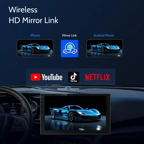 Vista 3 de Haudio Estéreo inalámbrico de doble DIN de 7 pulgadas con Carplay y Android Auto, Bluetooth, canal RCA, cámara de respaldo, SWC, FM/AM, pantalla
