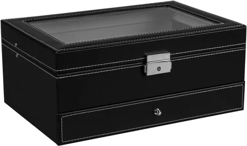 Vista 3 de Ogrmar Cajas de almacenamiento de reloj de piel sintética con 12 ranuras, para hombres y mujeres, estuche organizador de 2 niveles con tapa