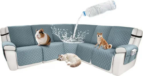 Vista 45 de Fundas impermeables para sofá reclinable seccional en forma de L, 7 piezas, antideslizantes, lavables, juego de fundas reclinables para mascotas