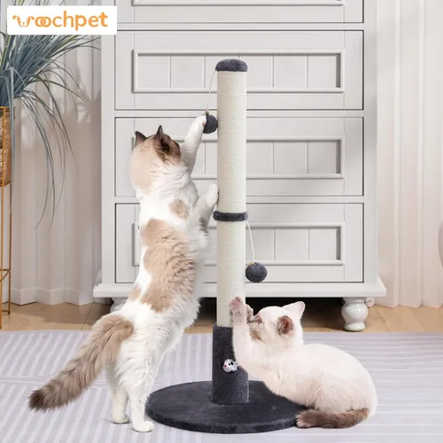 Vista 7 de Woochpet Poste rascador de gatos de 33 pulgadas de alto para adultos, poste rascador grande resistente con bola colgante con divertido agujero