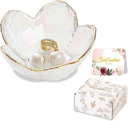 Vista 22 de Regalos para mujeres, plato para baratijas con flores, plato para joyería de vidrio rosa, soporte para anillos, bandeja de joyería, decoración