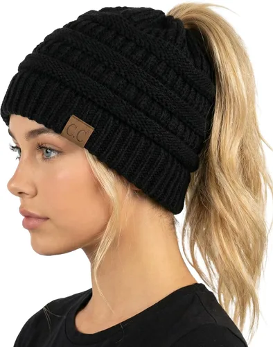 Vista 21 de Funky Junque Gorro de Cola de Caballo para Mujeres - Gorro de Invierno Ponyback Suave Elástico de Punto Trenzado Cola Alta Gorros para Correr