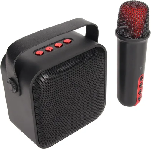 Vista 7 de Juego de mini máquina de karaoke con altavoz, micrófono inalámbrico, gran campo de sonido, chip profesional, múltiples conexiones, batería de larga