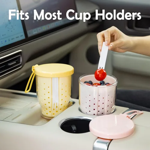 Vista 3 de Vasos de frutas de viaje de 25 onzas para automóvil, taza de almacenamiento de ensalada de frutas con tenedor y tapas, recipientes reutilizables a