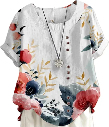 Vista 8 de domirica Camisetas de verano para mujer 2024 con estampado de flores, algodón, lino, manga corta, cuello redondo, camisas casuales de moda