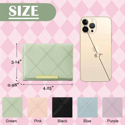 Vista 4 de Sunwel Fashion Billeteras plegables para mujer, mini cartera corta con bolsillo, tarjetero de crédito, ventana de fotos para mujer, Verde, Cartera