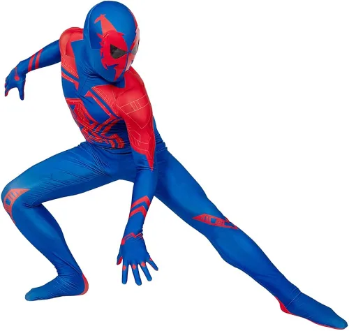 Vista 4 de Disfraz de superhéroe de Halloween nuevo en el versículo de araña, Miles Morales Zentai, disfraces de cosplay para adultos (adultos, XL, azul)