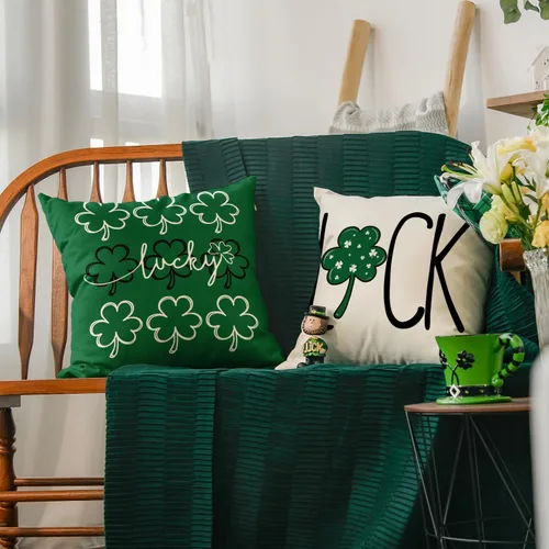 Vista 4 de AVOIN colorlife Juego de 4 fundas de almohada de trébol de la suerte del día de San Patricio, 16 x 16 pulgadas, decoración de la suerte verde