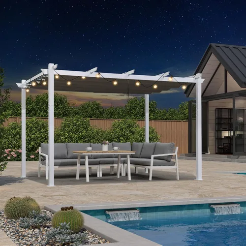 Vista 14 de PURPLE LEAF Pérgola de 10 x 12 pies con toldo retráctil, pérgola cuadrada de bronce de aluminio para patio al aire libre, junto a la piscina, beige