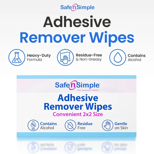 Vista 3 de Safe n' Simple Removedor de adhesivo para la piel, 50 paquetes de 2 x 2 pulgadas, toallitas removedoras de adhesivo, toallitas removedoras