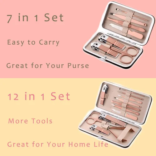 Vista 6 de Juego de manicura rosa herramienta de belleza portátil – cortaúñas pedicura kit de aseo de acero inoxidable 7 en 1 estuche de viaje de cuero