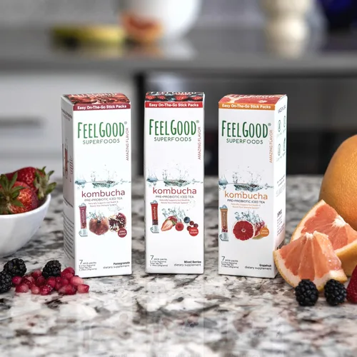 Vista 5 de FeelGood Superfoods Kombucha - Paquetes de té helado, delicioso sabor a pomelo, refrescante bebida instantánea en polvo de kombucha gaseosa