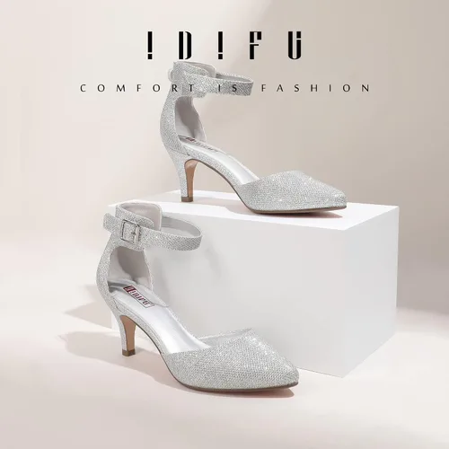 Vista 2 de IDIFU IN3 D'Orsay Zapatos de tacón bajo para mujer, zapatos de vestir puntiagudos con puntera cerrada, correa de tobillo para novia, elegante