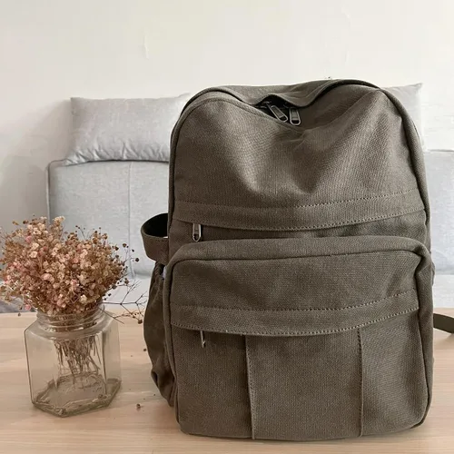 Vista 8 de AUGUR Mochila para laptop para mujer, bolsa de lona, mochila vintage de viaje pequeña, mochila retro casual, mochila de trabajo, Verde militar