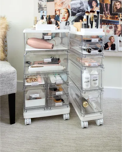 Vista 5 de iDesign The Sarah Tanno Collection - Carrito organizador grande de cosméticos apilable de 7 cajones, transparente/blanco
