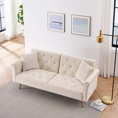 Vista 4 de Anwick Sofá cama tipo futón convertible de terciopelo de 69 pulgadas con 2 almohadas, moderno sofá cama plegable con 3 respaldos ajustables, sofá