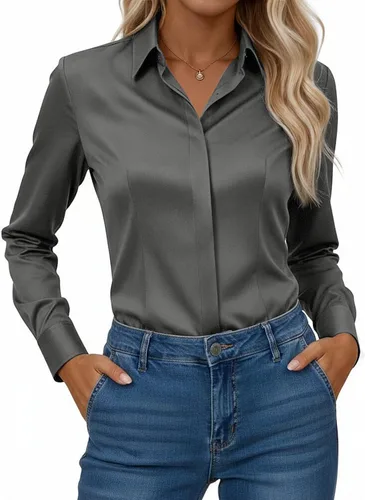 Vista 10 de Gleeivy Camisa con botones para mujer, solapa con botones ocultos, ligera, transpirable, resistente a las manchas, manga larga, trabajo e informal