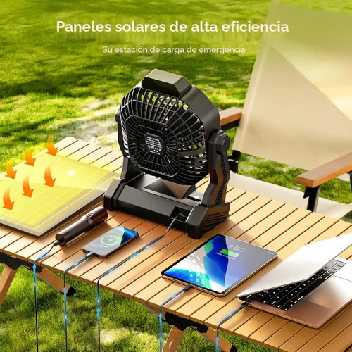 Vista 5 de Ventilador de energía solar, 【Máximo de 40 horas de funcionamiento】Ventiladores solares recargables de camping y linterna LED, ventilador portátil
