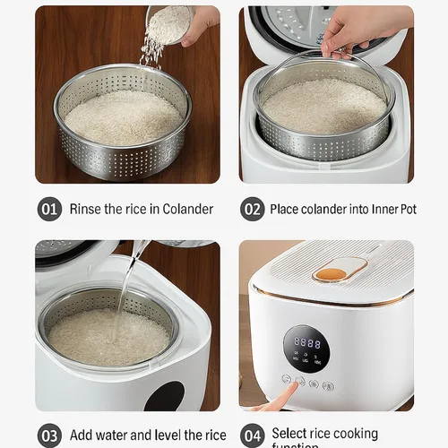 Vista 4 de Arrocera eléctrica baja en azúcar 3L - Olla arrocera inteligente reductora de carbohidratos con cesta de vapor, olla interior de cerámica y filtro