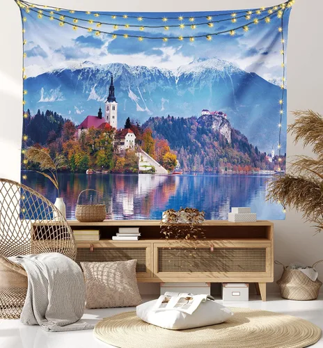 Vista 13 de Ambesonne Tapiz verde, fases lunares alrededor de un árbol de la vida, impresión de diseño bohemio de astrología nocturna, decoración de tela