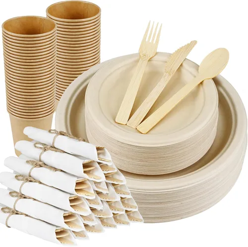 Vista 10 de Juego de servilletas y cubiertos de bambú preenrollados, paquete de 100 utensilios de bambú/cubiertos compostables